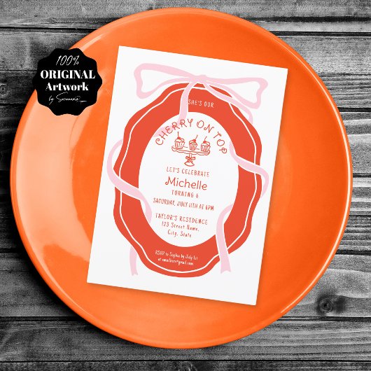 Hand gezeichnet rosa Bow Cherry auf Top Girl Gebur Einladung