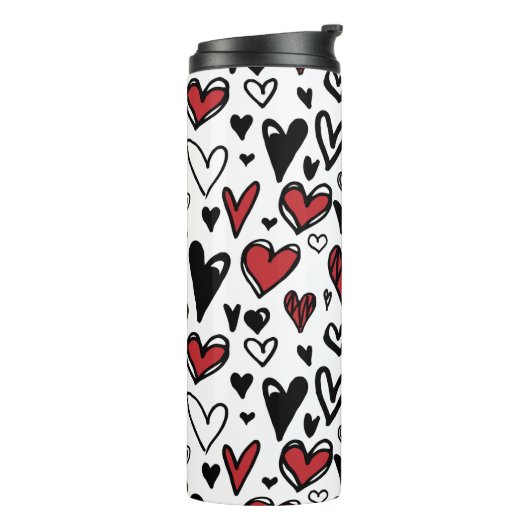 Hand Gezeichnet Weiß, Schwarz und Rotes Herz Form Thermosbecher (Nach links gedreht)