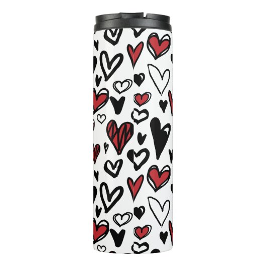 Hand Gezeichnet Weiß, Schwarz und Rotes Herz Form Thermosbecher (Rückseite)