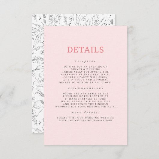 Hand gezeichnet Wildblumen Muster Hochzeitsdetails Begleitkarte (Vorne/Hinten)
