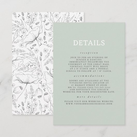 Hand gezeichnet Wildblumen Muster Hochzeitsdetails Begleitkarte (Vorne/Hinten)