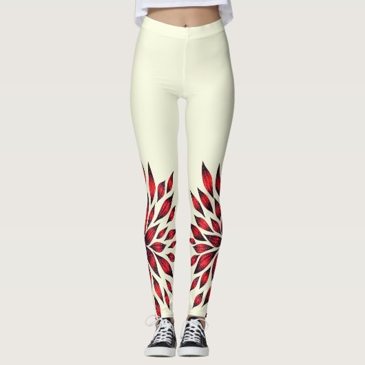 Hand gezeichnete abstrakte rote Gekritzel-Blume Leggings (Vorderseite)