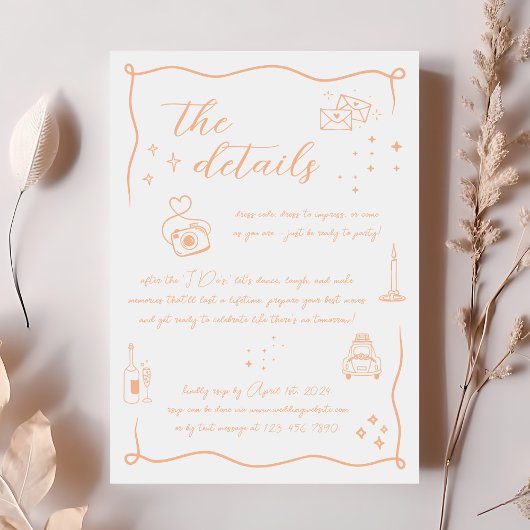 Hand gezeichnete Doodle Peach Wedding Details Card Einladung