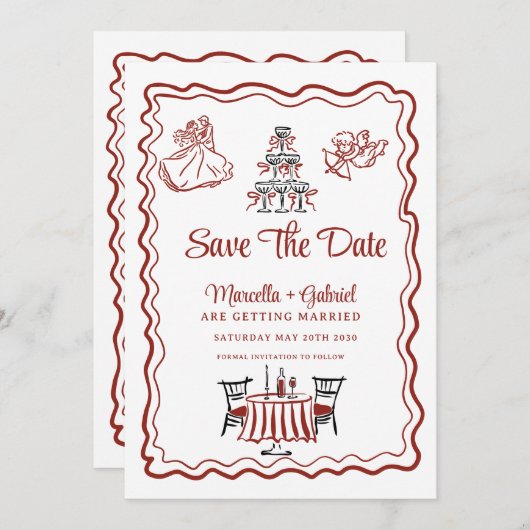 Hand gezeichnete Doodles Italienische Hochzeit ret Save The Date (Vorne/Hinten)