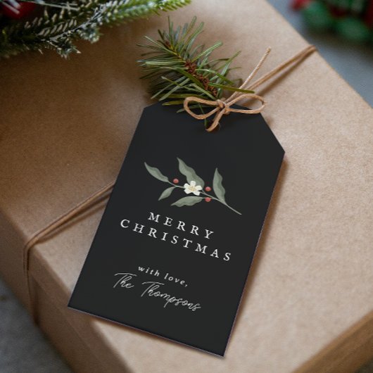 Hand gezeichnete florale Schwarze Weihnachtsgesche Geschenkanhänger