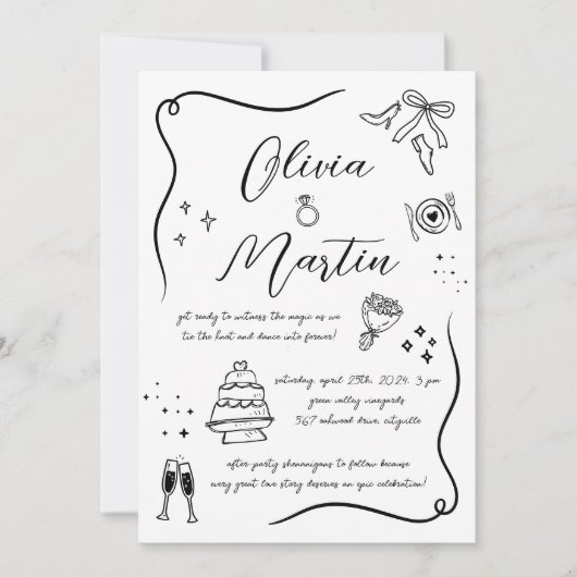 Hand gezeichnete Fun Doodle Schwarz-Weiß-Hochzeit Einladung (Vorderseite)