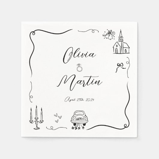 Hand gezeichnete Fun Doodle Schwarz-Weiß-Hochzeit Serviette (Vorderseite)