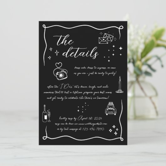 Hand gezeichnete Fun Doodle Wedding Details Card Einladung (Stehend Vorderseite)