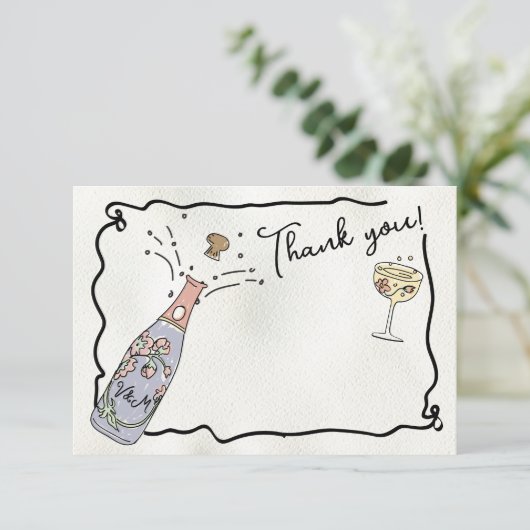 Hand gezeichnete Presecco und Petals Danke Karte (Stehend Vorderseite)