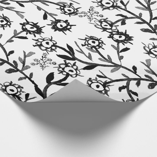 Hand gezeichnete Schwarz-weiße Watercolor-Blumen Geschenkpapier (Ecke)