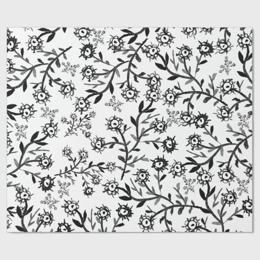 Hand gezeichnete Schwarz-weiße Watercolor-Blumen Geschenkpapier (Flach)