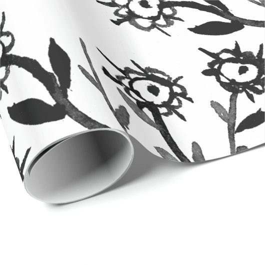 Hand gezeichnete Schwarz-weiße Watercolor-Blumen Geschenkpapier (Rolleneckpunkt)