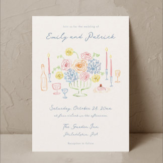 Hand gezeichnete Whimsical Funky French Pastel Wed Einladung