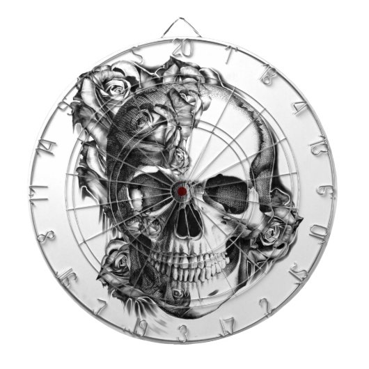 Hand gezeichneter Rosenschädel in Schwarzweiss. Dartscheibe (vorne)