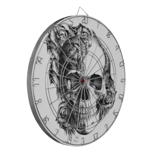 Hand gezeichneter Rosenschädel in Schwarzweiss. Dartscheibe (Vorderseite Links)