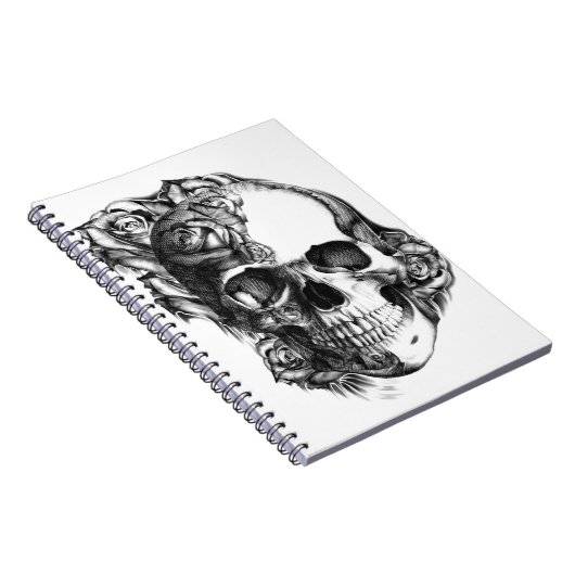 Hand gezeichneter Rosenschädel in Schwarzweiss. Notizblock (Rechte Seite)