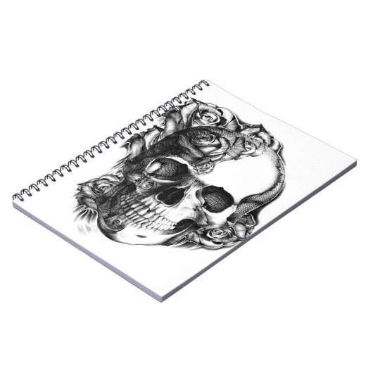 Hand gezeichneter Rosenschädel in Schwarzweiss. Notizblock (Linke Seite)