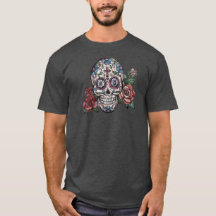 Hand-gezeichnetes BlumenShirt skull Dia de Los T-Shirt