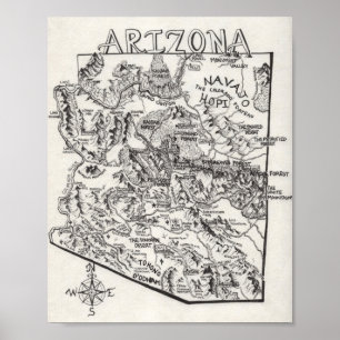 Hand gezeichnetes Plakat Arizona-Karten-