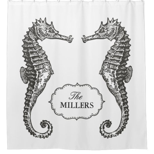 Hand gezeichnetes Seepferd mit Vintagem Duschvorhang (Vorderseite)