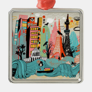 Hand gezeichnetes Tokyo Japan Ornament Aus Metall