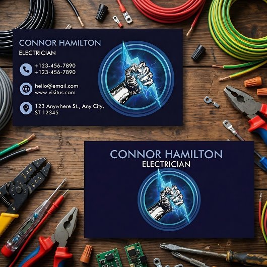 Hand Halten Blue Lightning Elektriker Visitenkarte