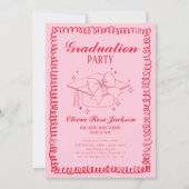 Hand-Hand-Drawn-Graduierungspartei in Rosa und Rot Einladung (Vorderseite)