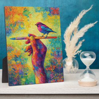 Hand Holding Paintbrush with Bird Creative Fotoplatte