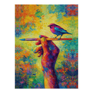 Hand Holding Paintbrush with Bird Creative Poster