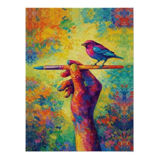 Hand Holding Paintbrush with Bird Creative Poster (Vorderseite)