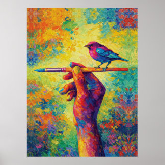 Hand Holding Paintbrush with Bird Creative Poster