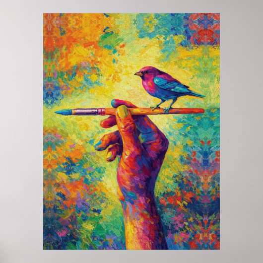 Hand Holding Paintbrush with Bird Creative Poster (Vorne)