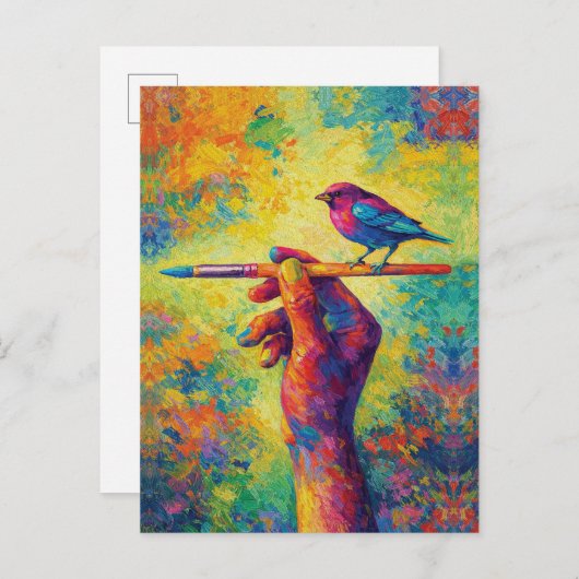 Hand Holding Paintbrush with Bird Creative Postkarte (Vorne/Hinten)