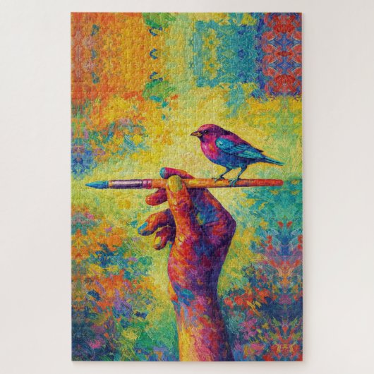 Hand Holding Paintbrush with Bird Creative Puzzle (Vertikal)