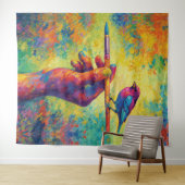 Hand Holding Paintbrush with Bird Creative Wandteppich (Beispiel (Horizontal))