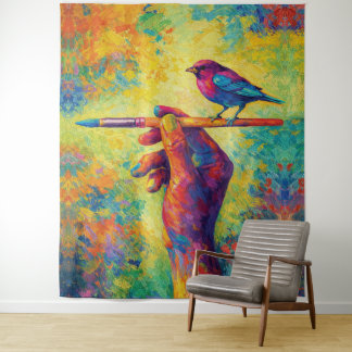 Hand Holding Paintbrush with Bird Creative Wandteppich