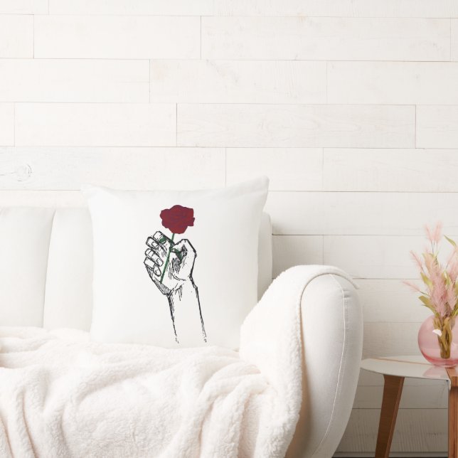 Hand Holding Rose Minimal Art – Elegant Floral Cus Kissen (Liege)