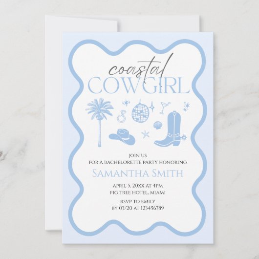 Hand Illustriert Cowgirl Blue Bachelorette Einladung (Vorderseite)