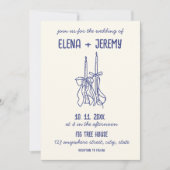 Hand Illustriert Retro French Blue Quirky Wedding Einladung (Vorderseite)