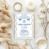 Hand Illustrierte Quirky Retro Zeichnend blaue Hoc Save The Date