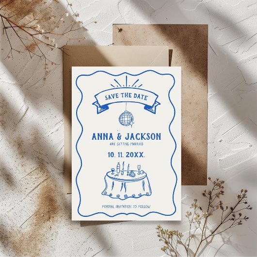 Hand Illustrierte Quirky Retro Zeichnend blaue Hoc Save The Date
