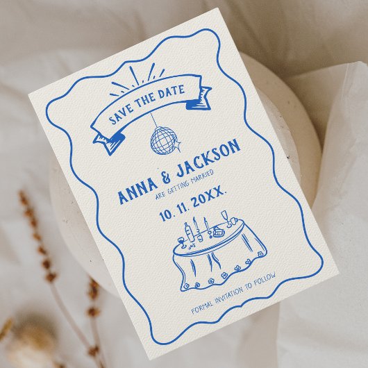 Hand Illustrierte Quirky Retro Zeichnend blaue Hoc Save The Date