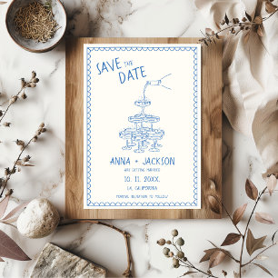 Hand Illustrierte Vintage Blue Wedding Save The Date