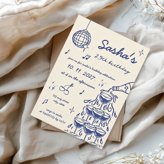 Hand-illustrierter Champagner Tower Birthday Blue Einladung