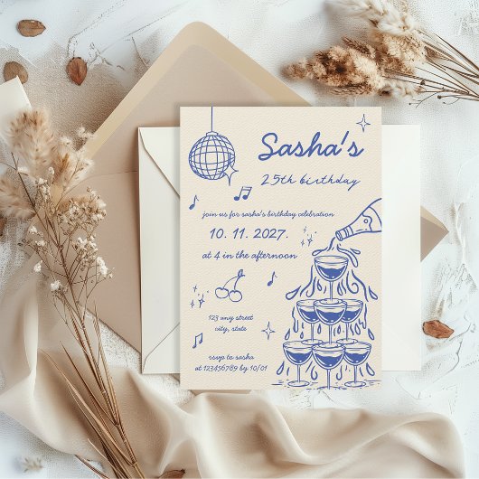 Hand-illustrierter Champagner Tower Birthday Blue Einladung