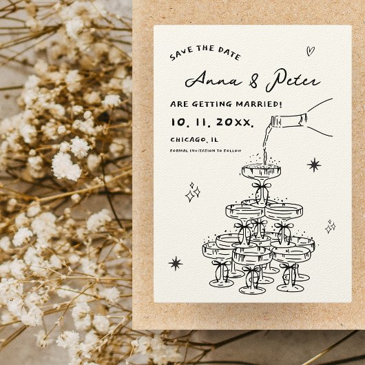 Hand-illustrierter Champagner Tower Retro Funky Save The Date
