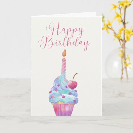 Hand Illustrierter Kuchen mit Single Candle Karte (Gelbe Blume)