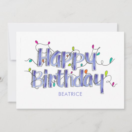 Hand Letted Dusty Blue Happy Birthday Flat Card (Vorderseite)