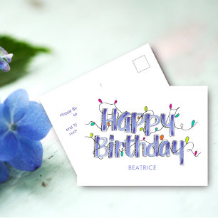 Hand Letted Dusty Blue Happy Birthday POstcard Postkarte
