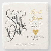 Hand Letted Gold Heart Script Save the Date Steinuntersetzer (Vorderseite)